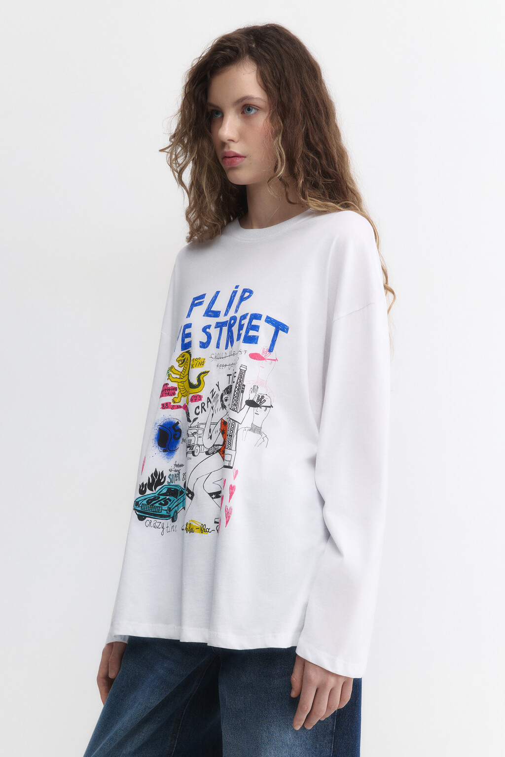 Лонгслив oversize хлопковый с принтом - цвет белый - 4