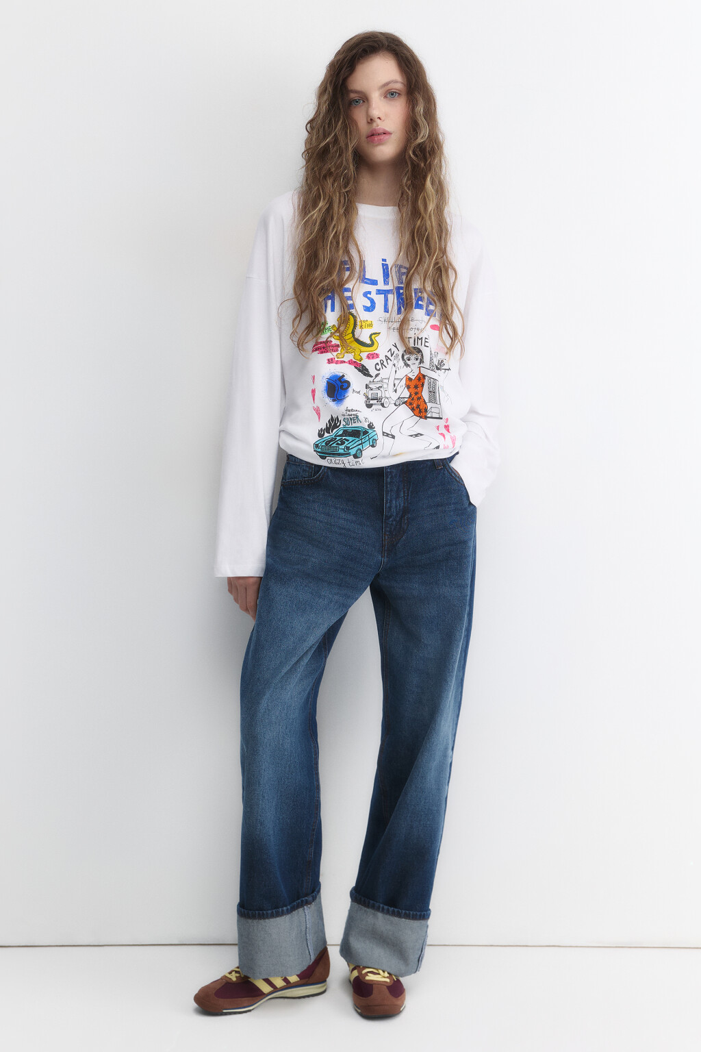 Лонгслив oversize хлопковый с принтом - цвет белый - 1