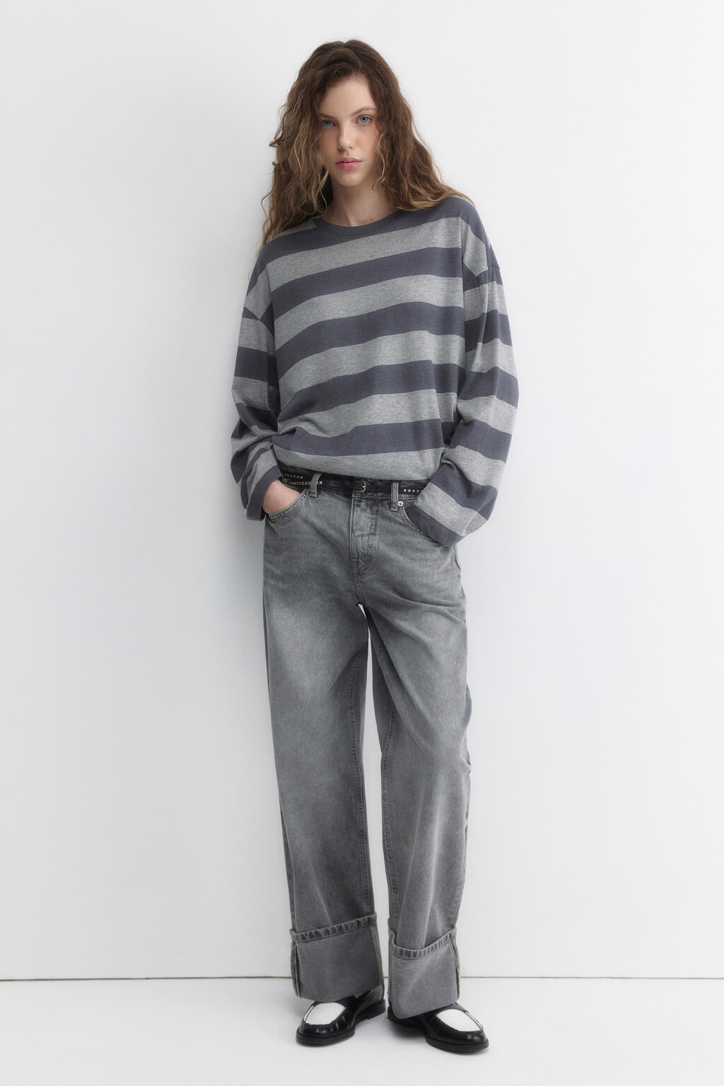 Лонгслив oversize хлопковый в полоску - цвет серый - 5