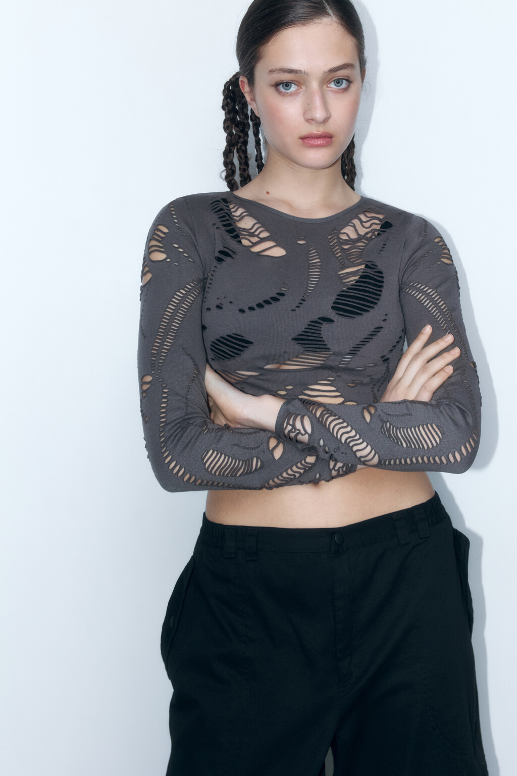 Лонгслив облегающий рваный в стиле гранж - цвет серый - 1