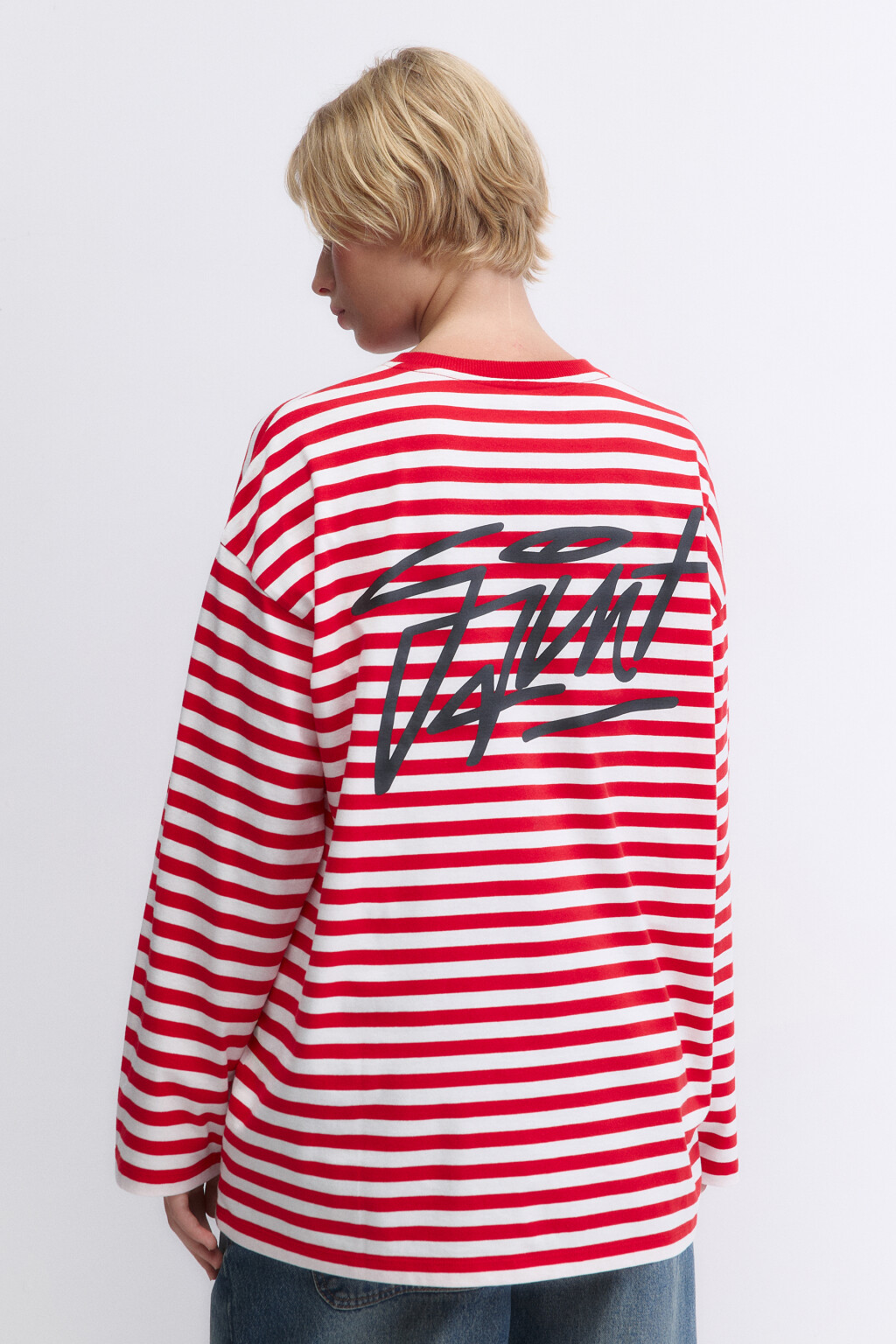 Лонгслив oversize в полоску с надписью на спине - цвет красный - 4