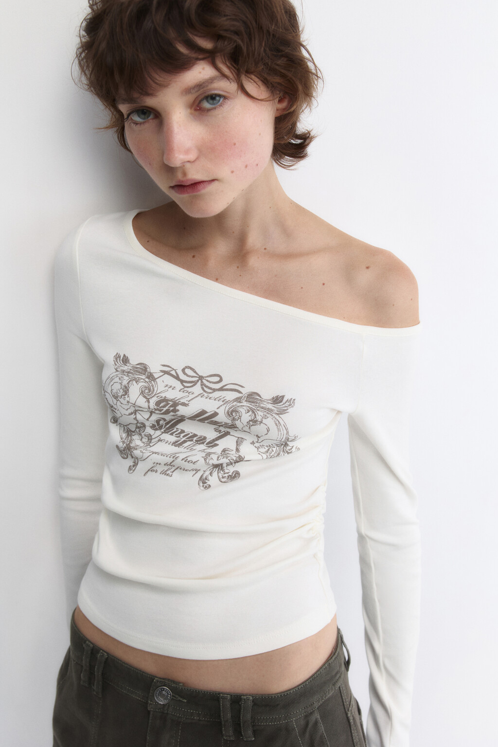 Топ-лонгслив на одно плечо с принтом - цвет бежевый - 1