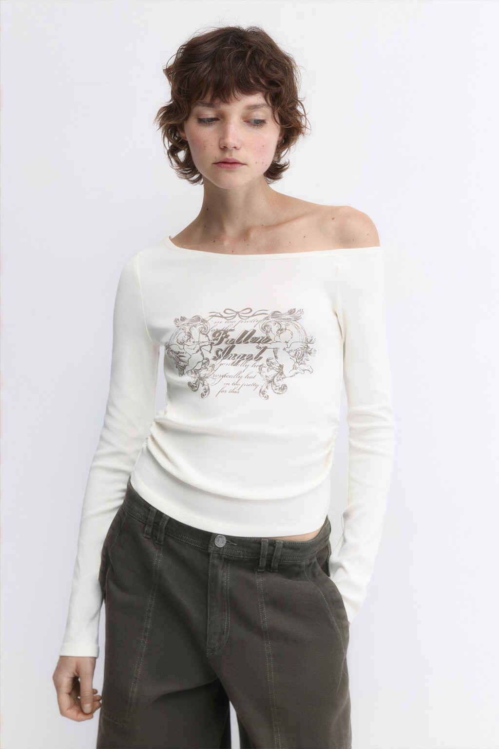 Топ-лонгслив на одно плечо с принтом - цвет бежевый - 2