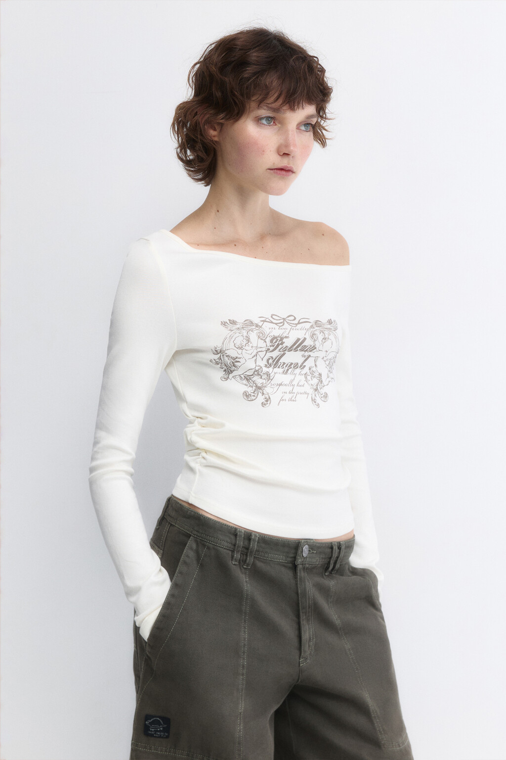 Топ-лонгслив на одно плечо с принтом - цвет бежевый - 3