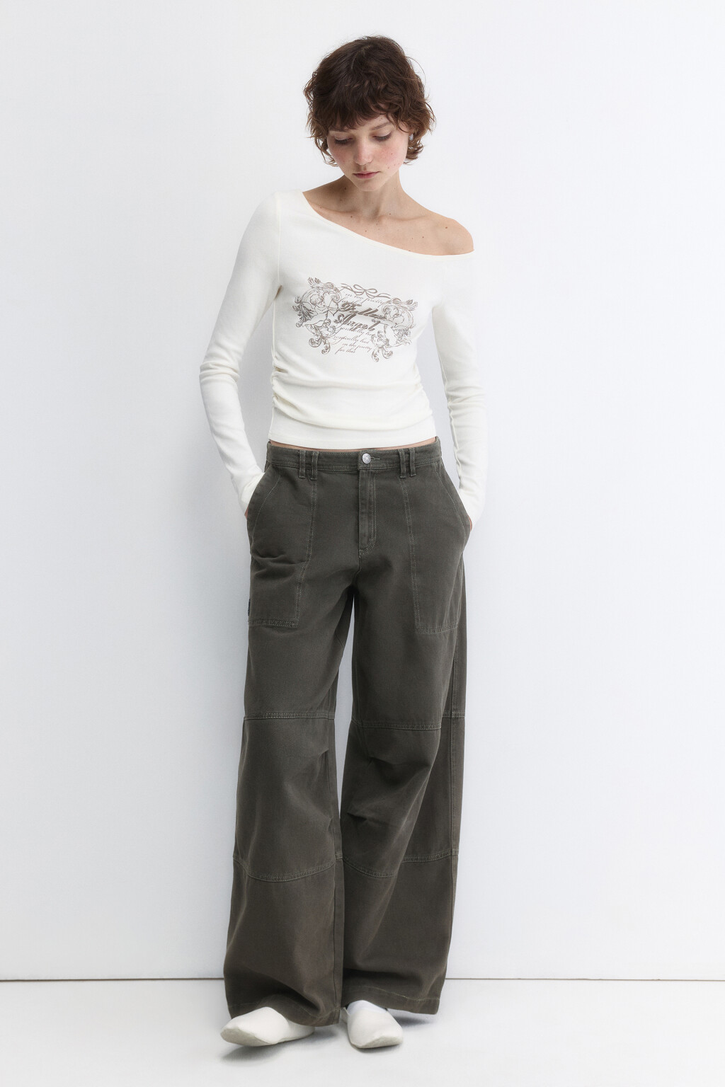 Топ-лонгслив на одно плечо с принтом - цвет бежевый - 5