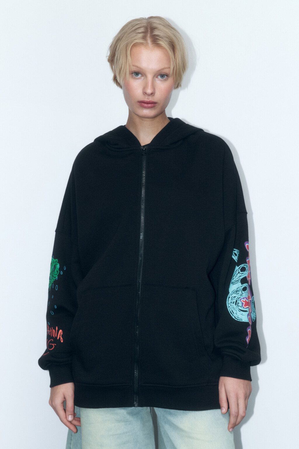 Худи-зипка oversize с принтом и надписями - цвет черный - 3
