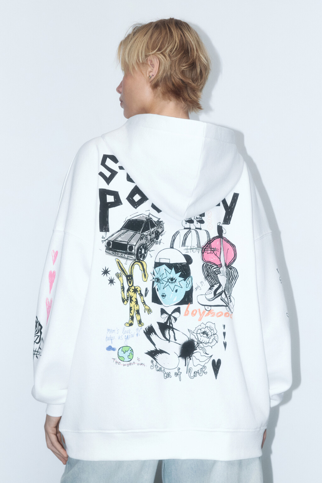 Худи-зипка oversize с принтом и надписями - цвет белый - 5
