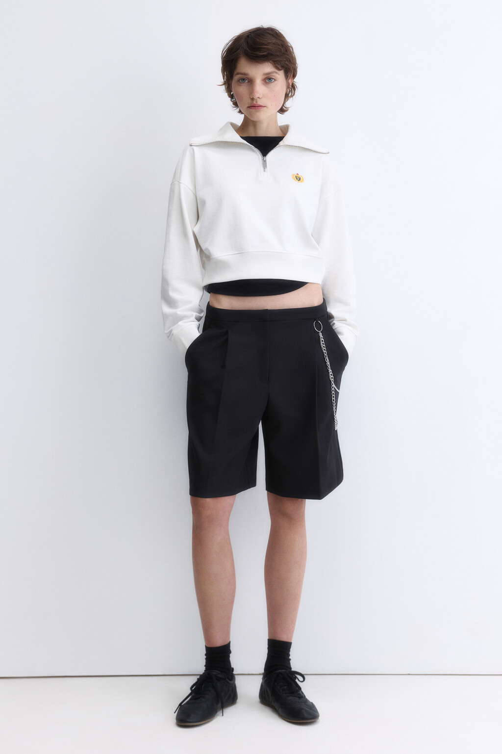 Свитшот укороченный с воротником на молнии - цвет молочный - 5