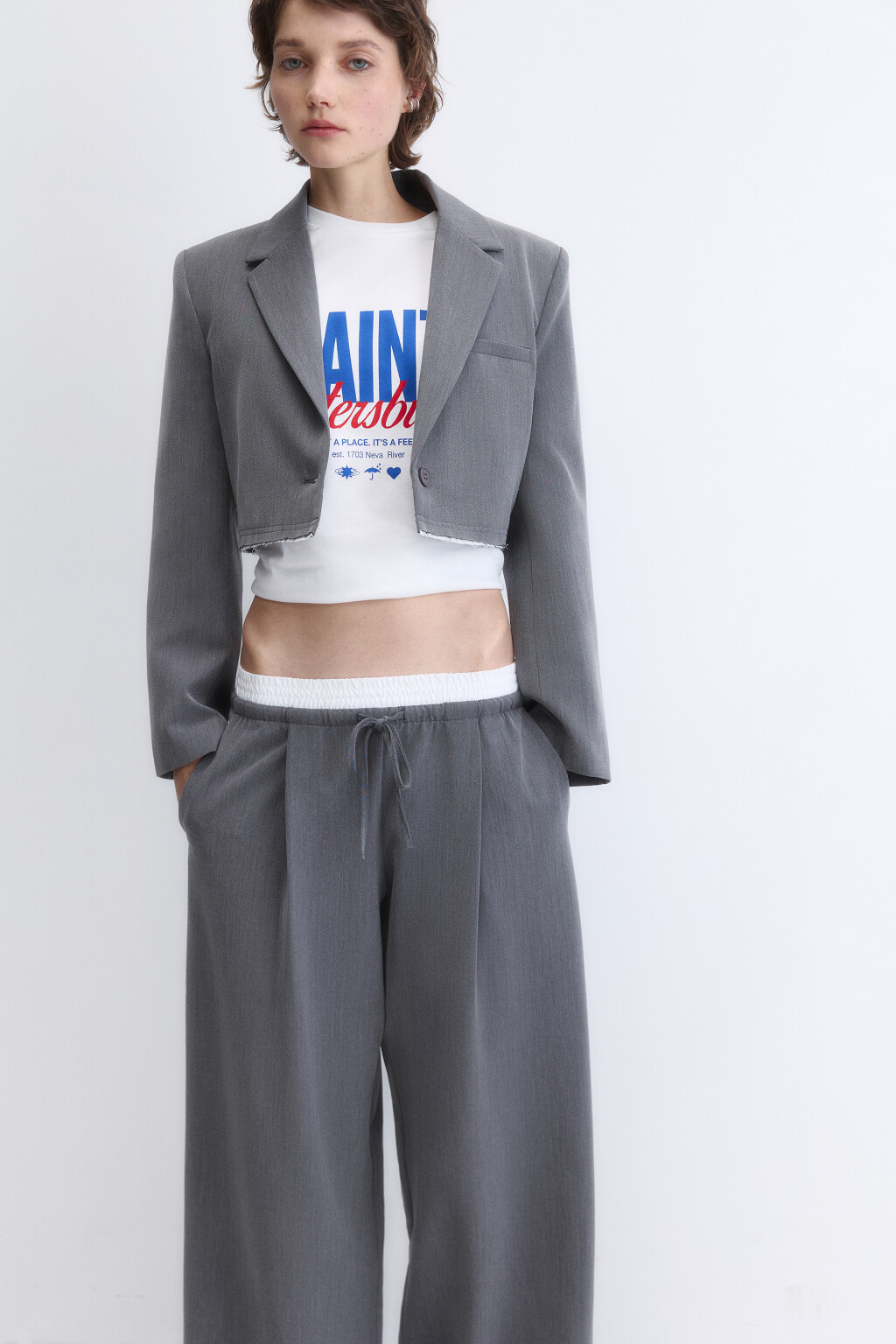 Жакет укороченный с имитацией второго слоя - цвет серый - 2