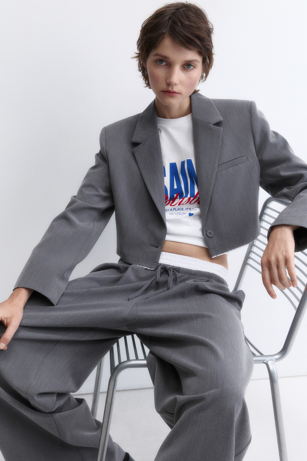 Жакет укороченный с имитацией второго слоя - цвет серый - 1