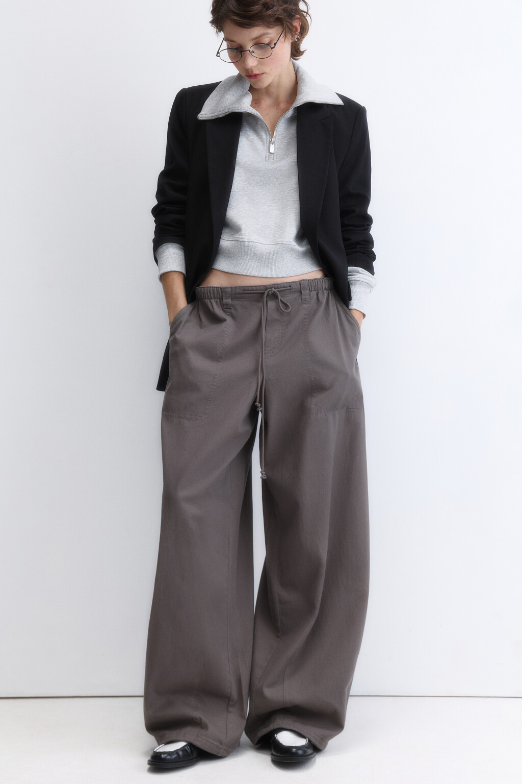 Брюки-парашюты твиловые с низкой посадкой - цвет серый - 1