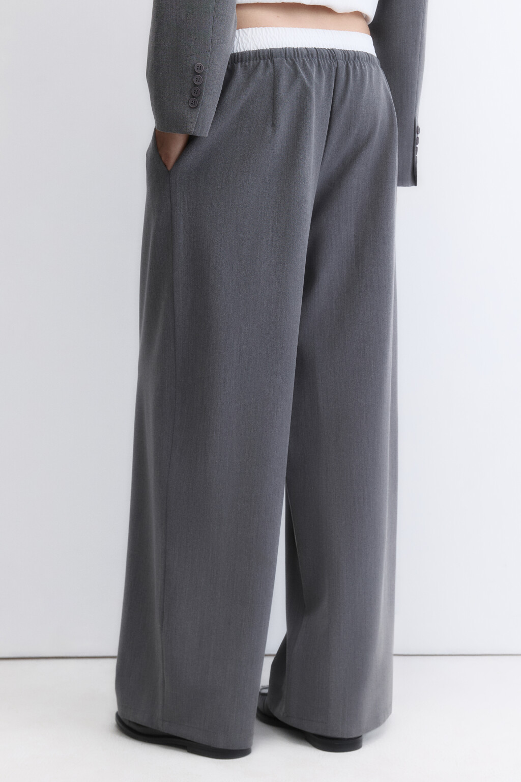 Брюки широкие костюмные с двойным поясом - цвет серый - 4