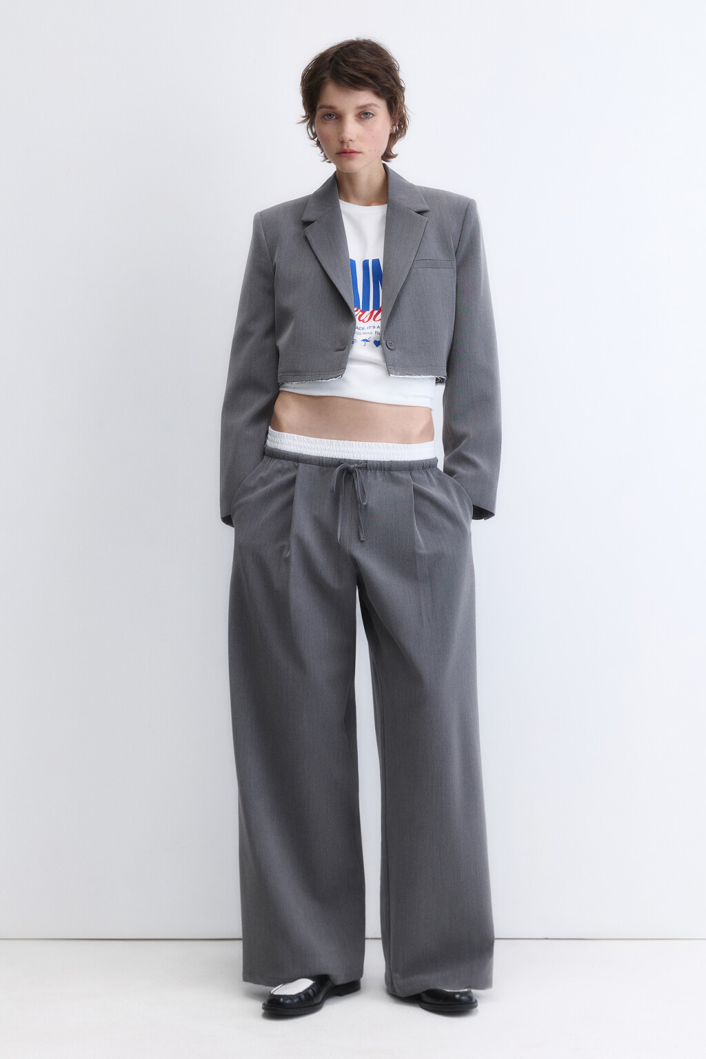 Брюки широкие костюмные с двойным поясом - цвет серый - 5