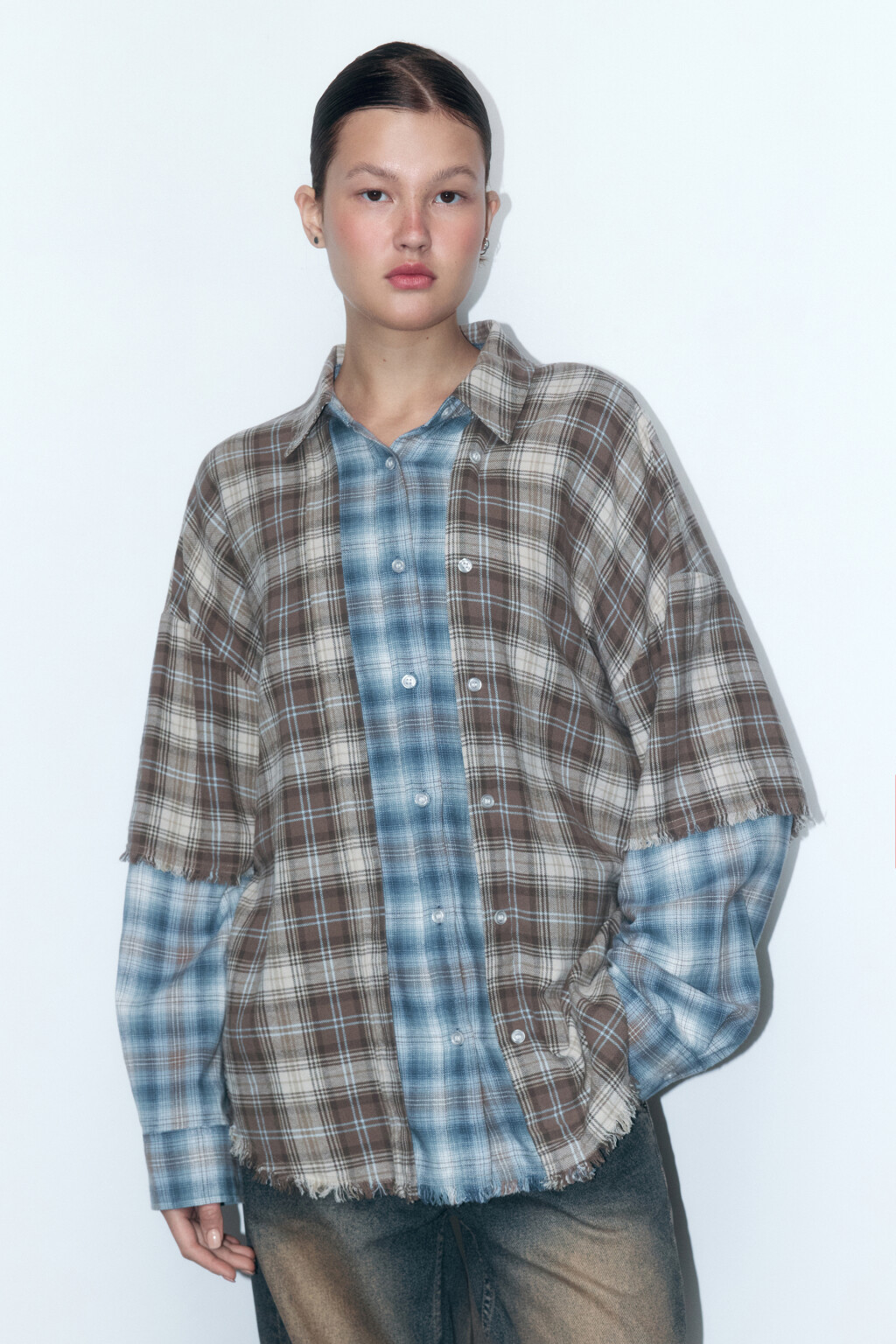 Рубашка oversize из фланели с имитацией второго слоя - цвет синий - 2