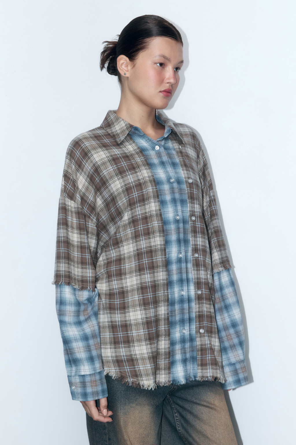 Рубашка oversize из фланели с имитацией второго слоя - цвет синий - 3