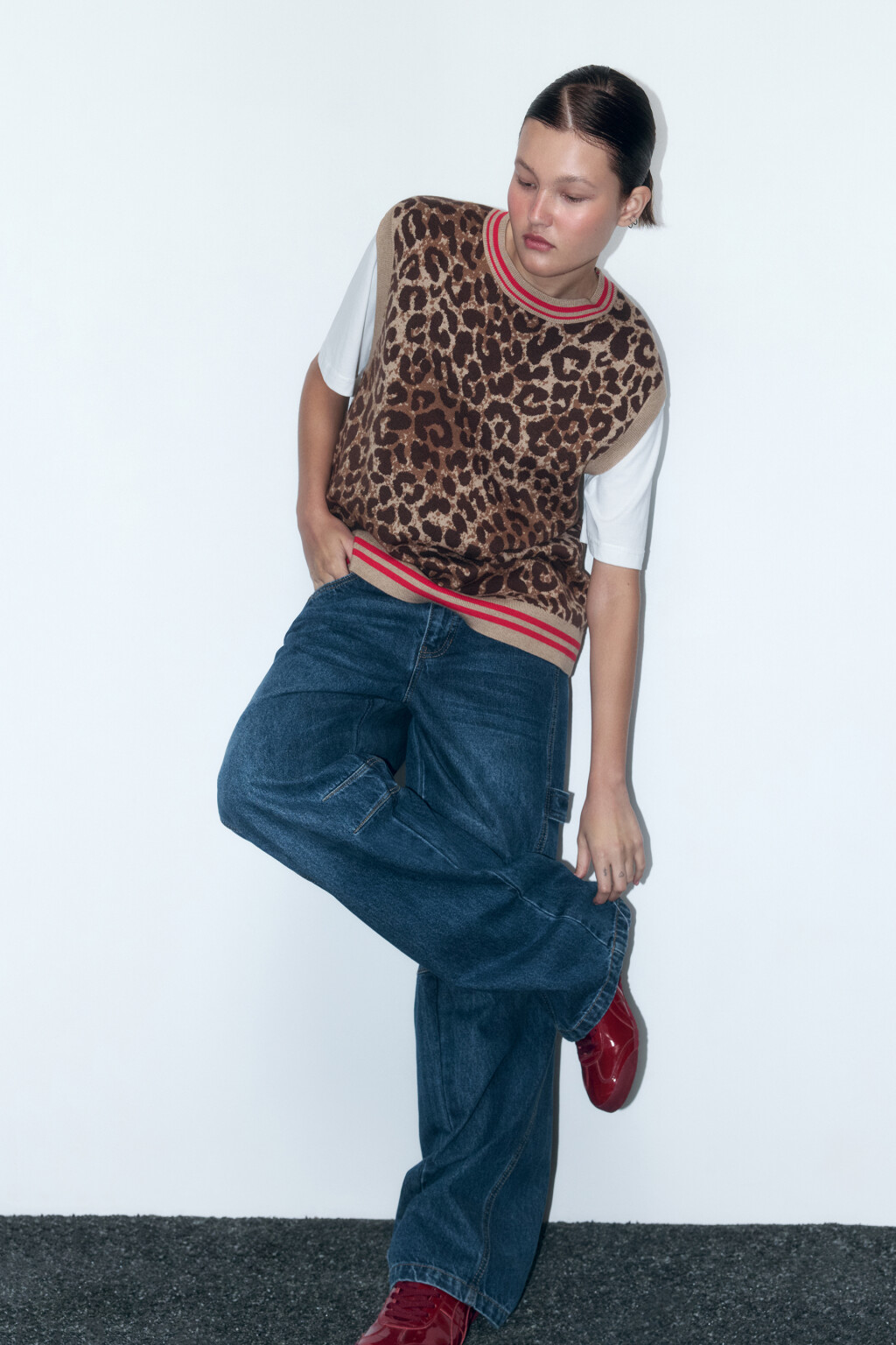Жилет вязаный с леопардовым принтом - цвет бежевый - 1