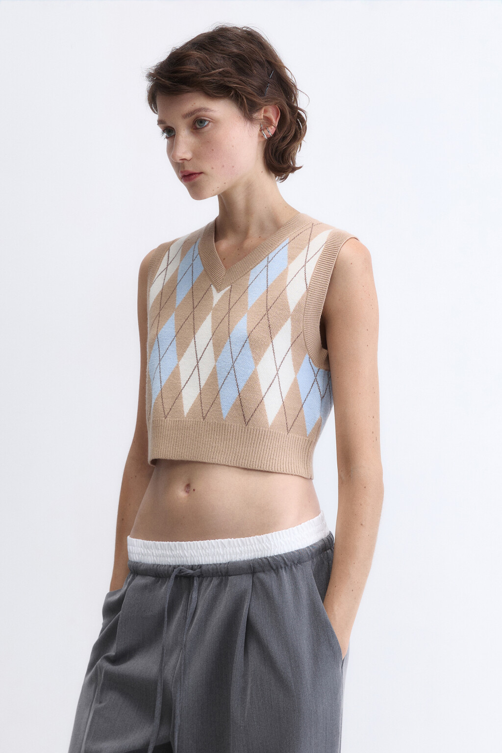 Жилет вязаный укороченный с принтом - цвет бежевый - 3