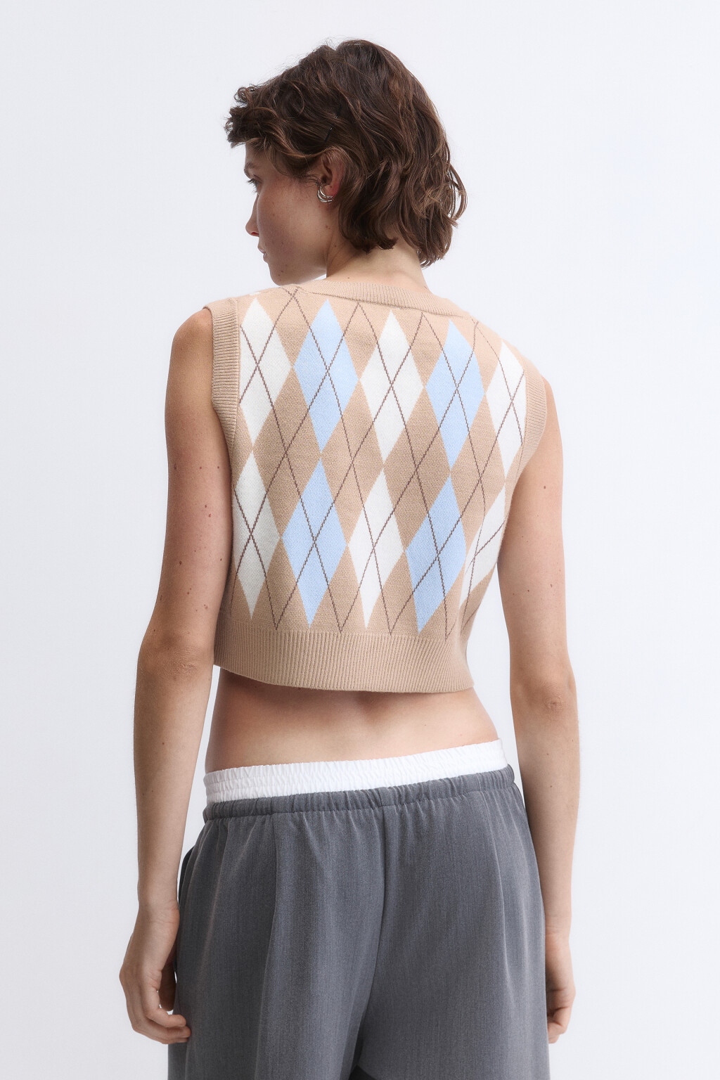 Жилет вязаный укороченный с принтом - цвет бежевый - 4