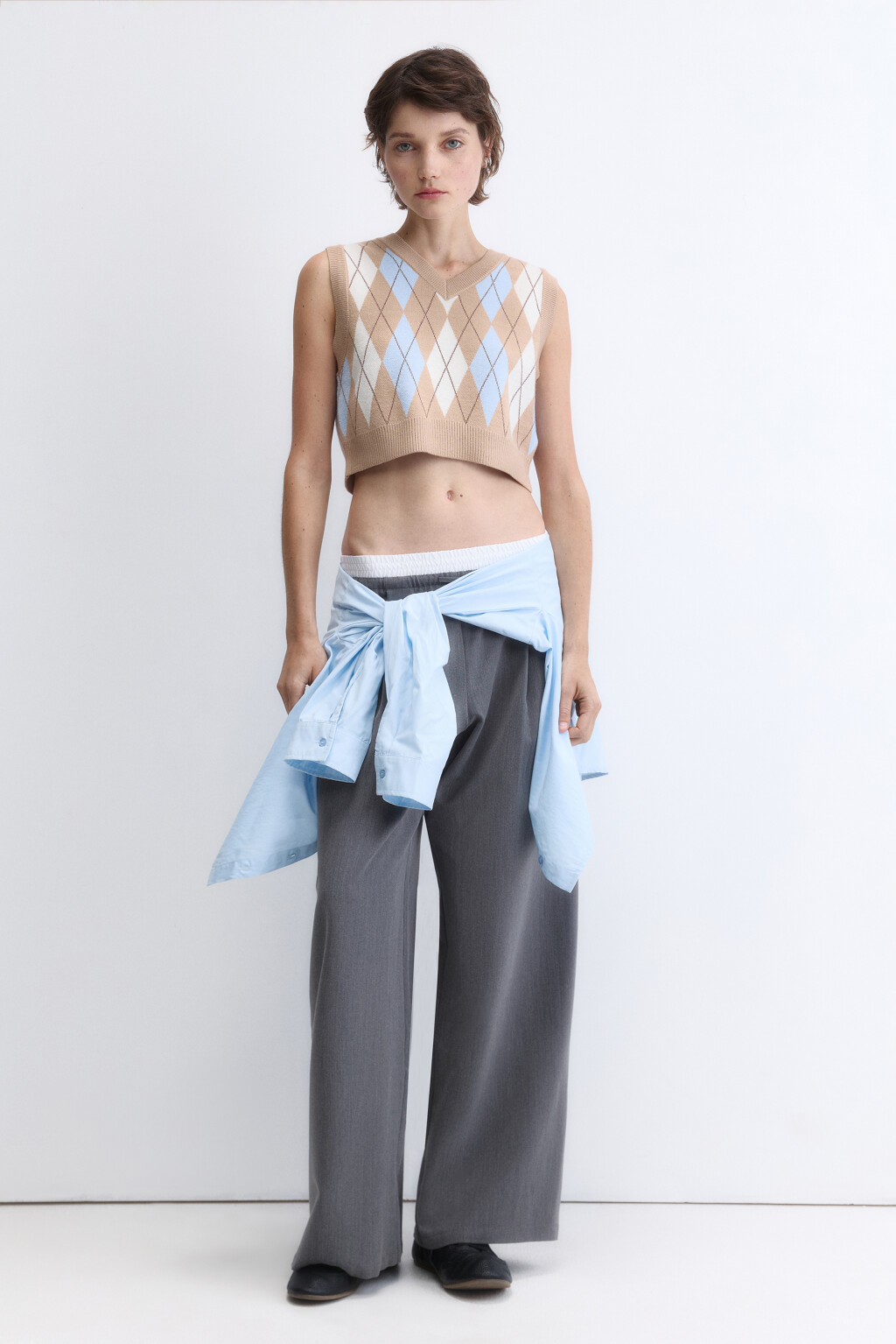 Жилет вязаный укороченный с принтом - цвет бежевый - 5