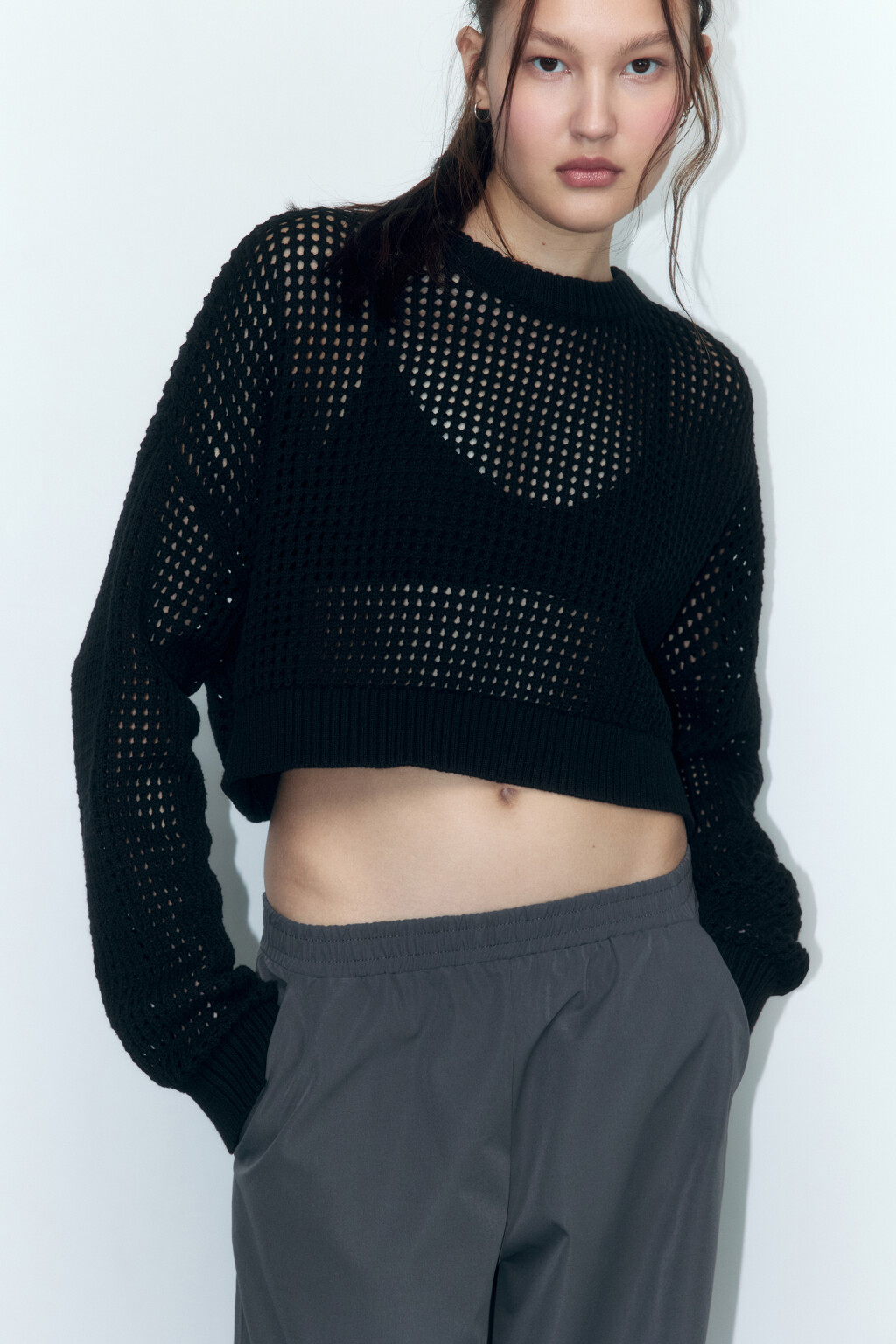 Джемпер вязаный ажурный из хлопка - цвет черный - 1