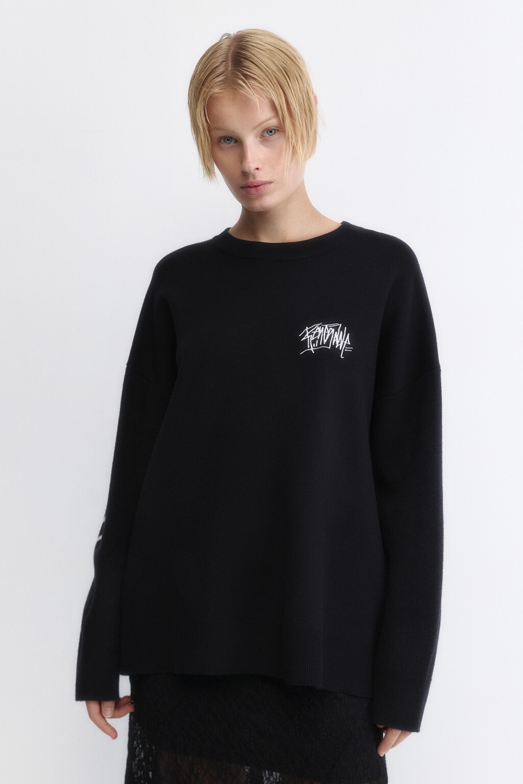 Джемпер оверсайз вязаный с принтом - цвет черный - 3