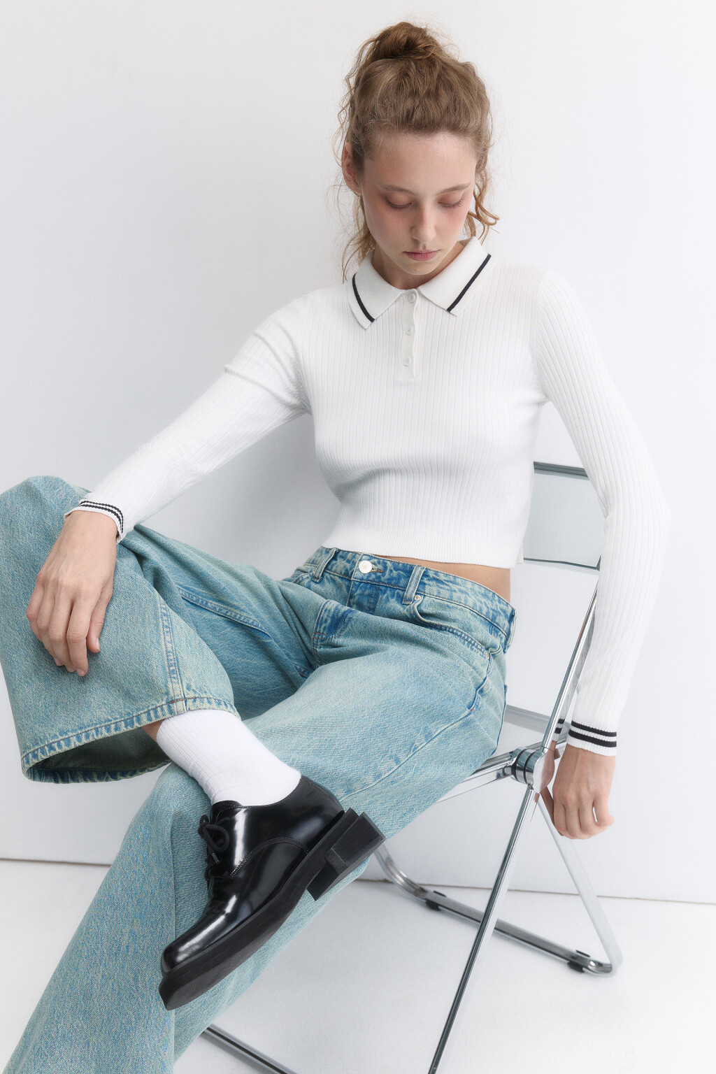 Джемпер вязаный укороченный с воротником-поло - цвет молочный - 1