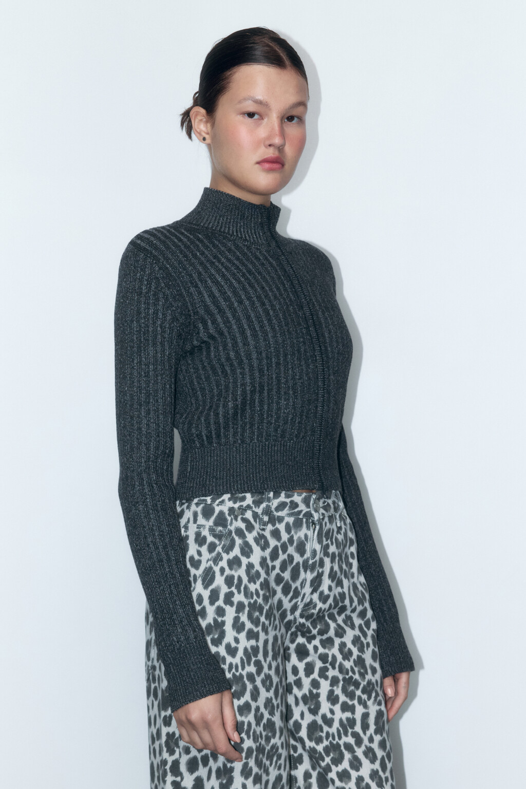 Кардиган вязаный на молнии с воротником-стойкой - цвет серый - 3