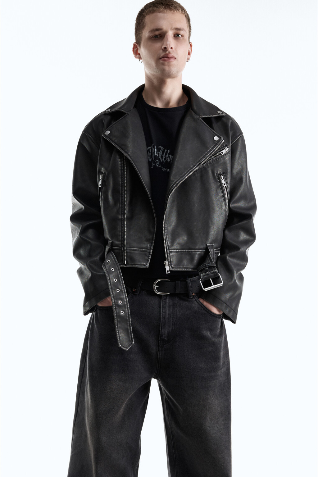 Куртка-косуха укороченная с вареным эффектом - цвет черный - 1