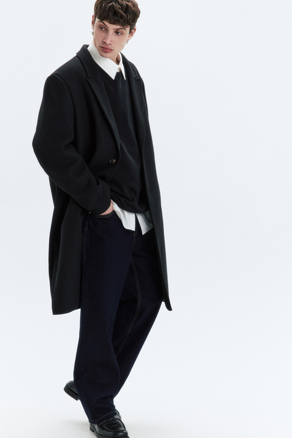 Пальто драповое однобортное ниже колена - цвет черный - 2