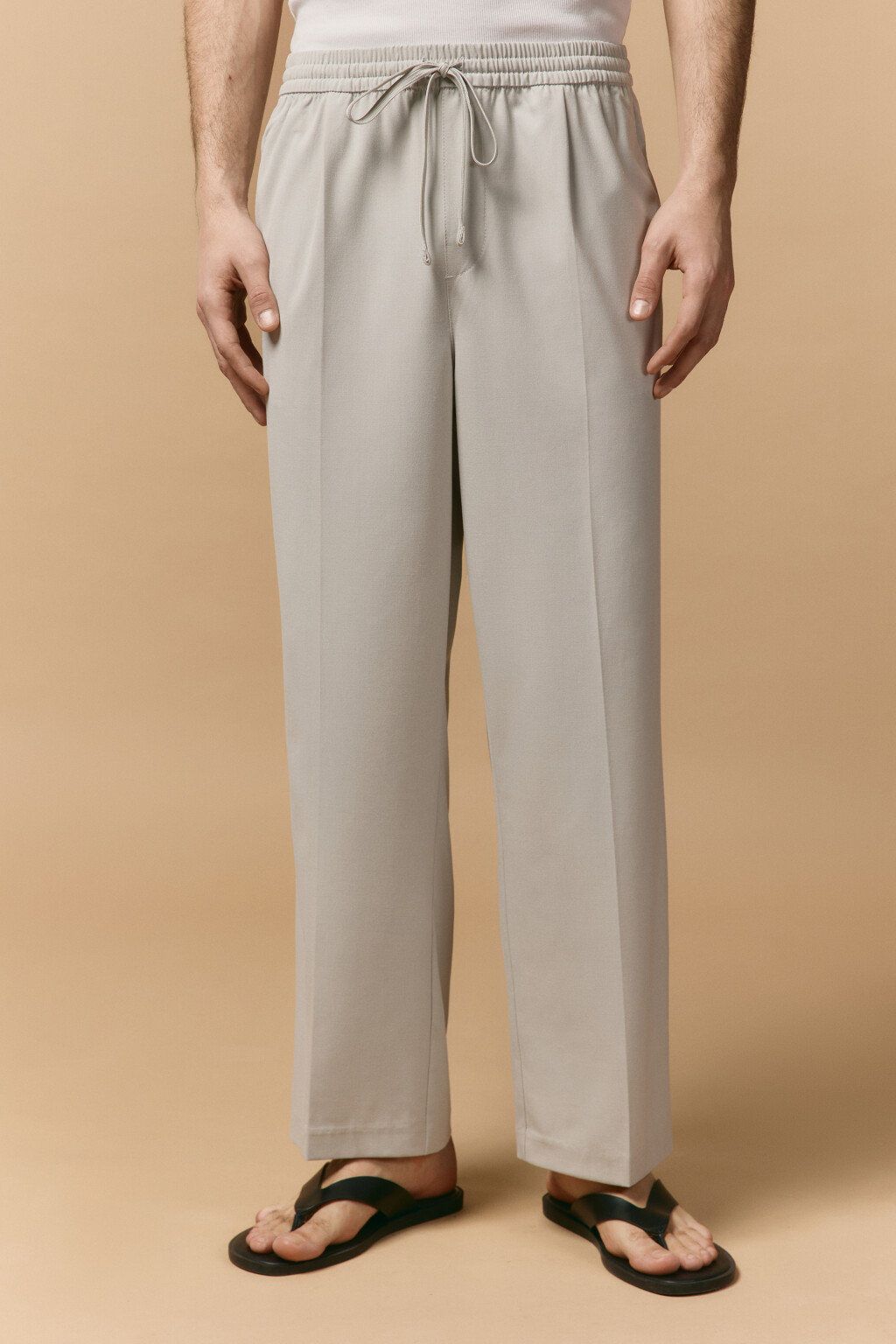 Брюки прямые костюмные с поясом на завязках - цвет серый - 2