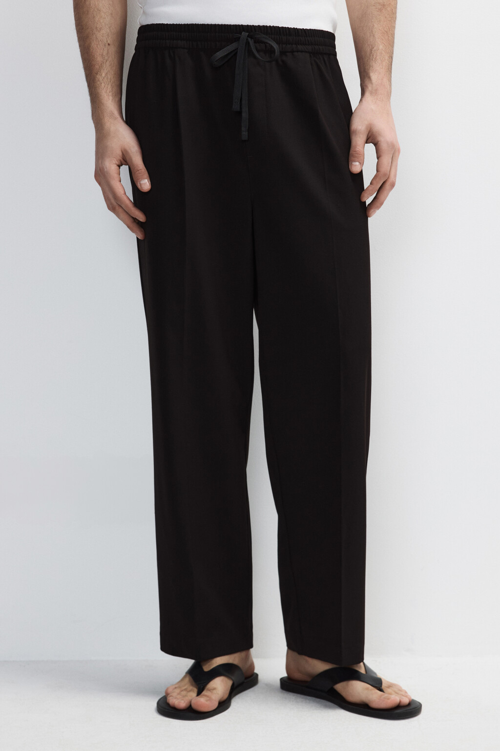 Брюки прямые костюмные с поясом на завязках - цвет черный - 2