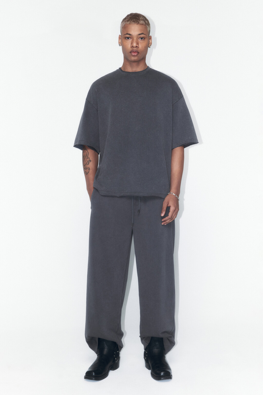 Брюки широкие трикотажные с вареным эффектом - цвет серый - 5