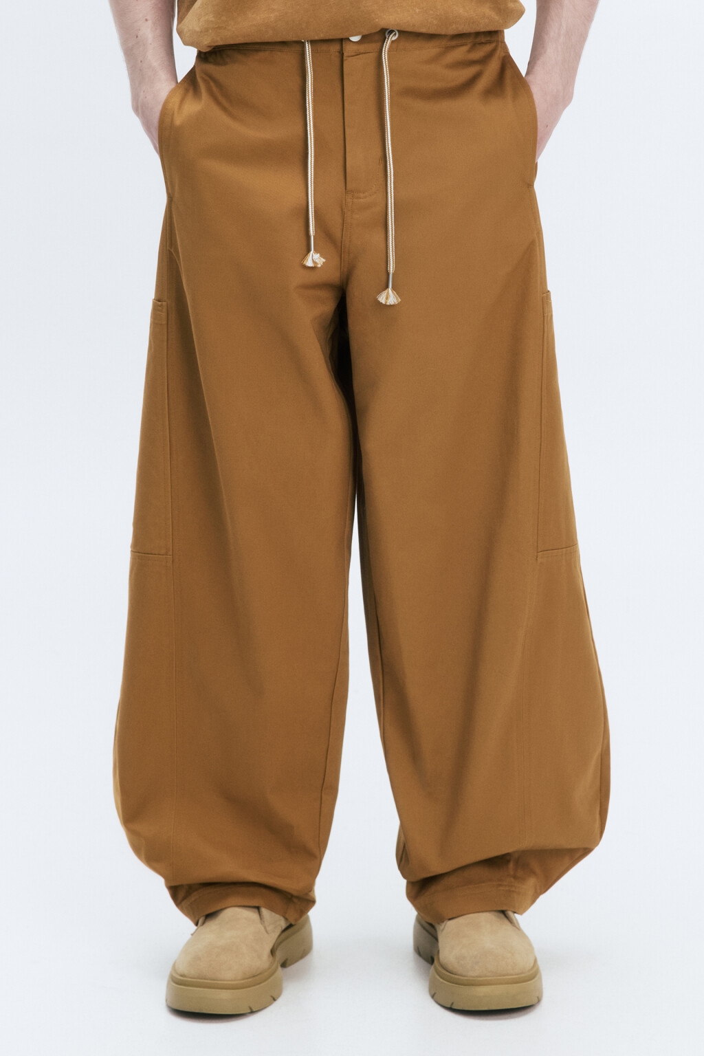 Брюки широкие хлопковые с поясом на завязках - цвет коричневый - 1