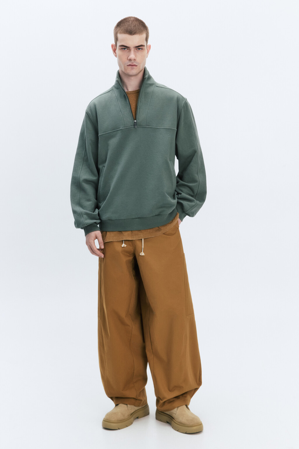 Брюки широкие хлопковые с поясом на завязках - цвет коричневый - 4