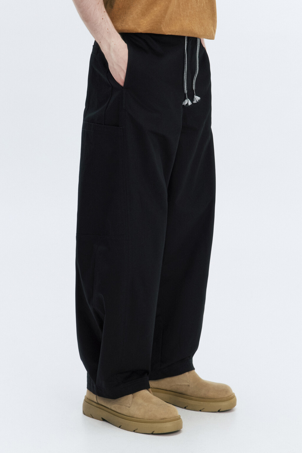 Брюки широкие хлопковые с поясом на завязках - цвет черный - 2