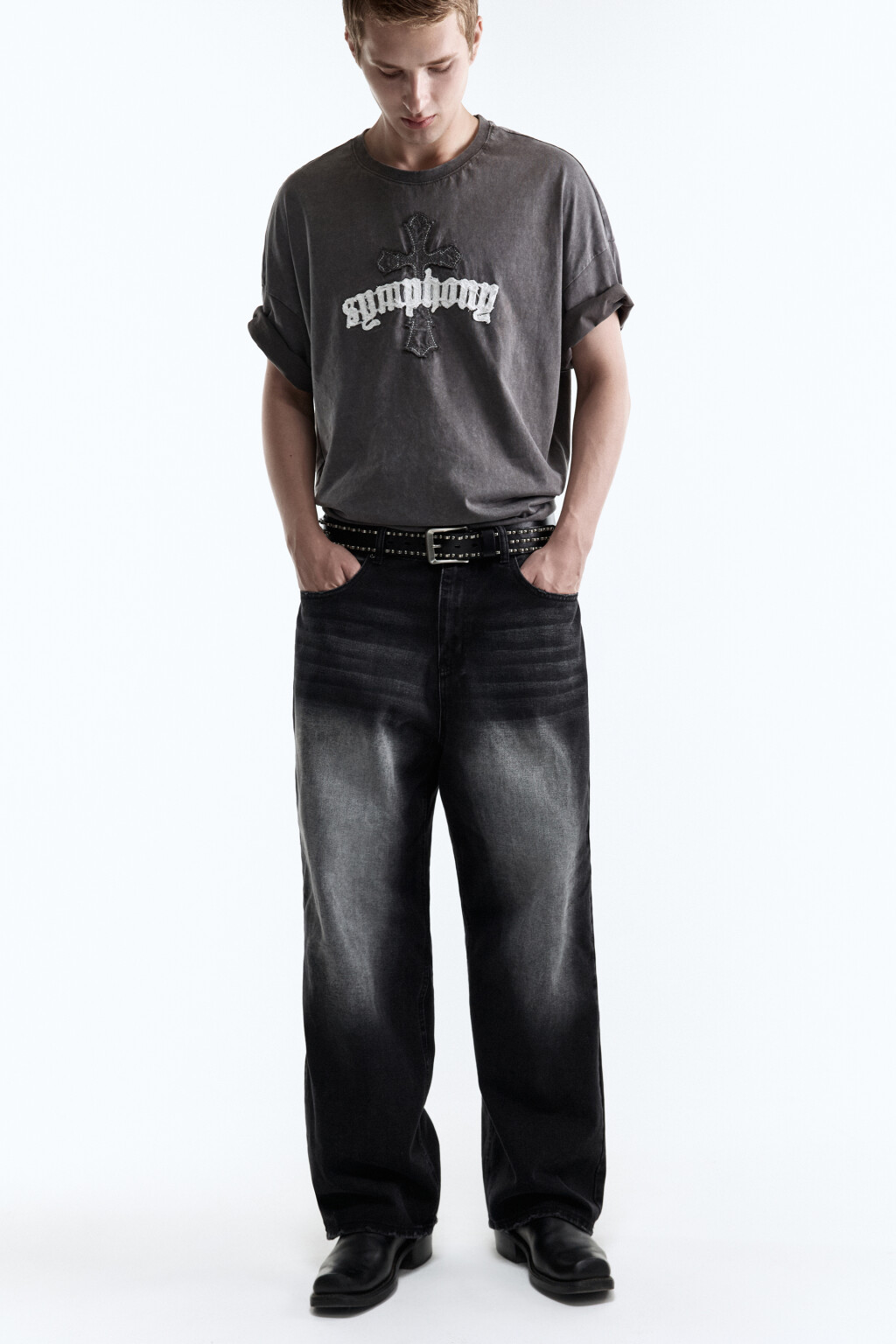 Джинсы экстраширокие с состаренным эффектом - цвет серый - 1