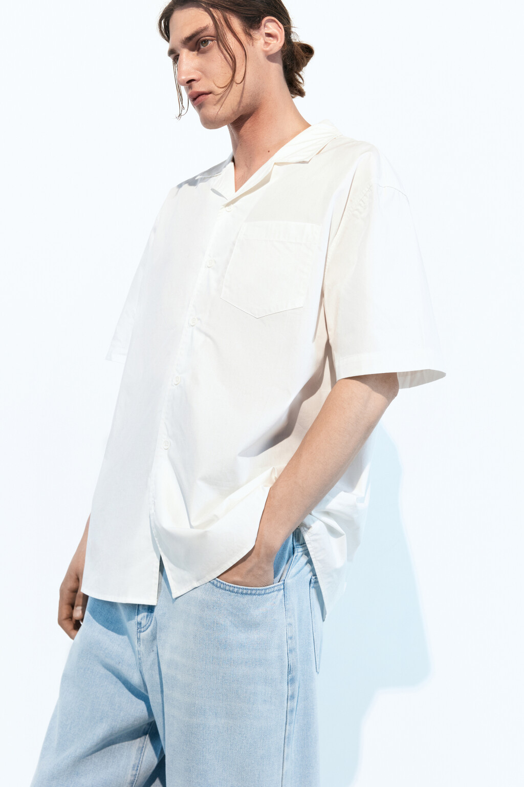 Рубашка хлопковая прямая с коротким рукавом - цвет белый - 1