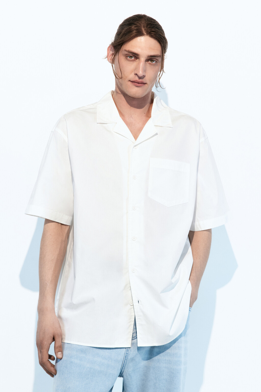 Рубашка хлопковая прямая с коротким рукавом - цвет белый - 2