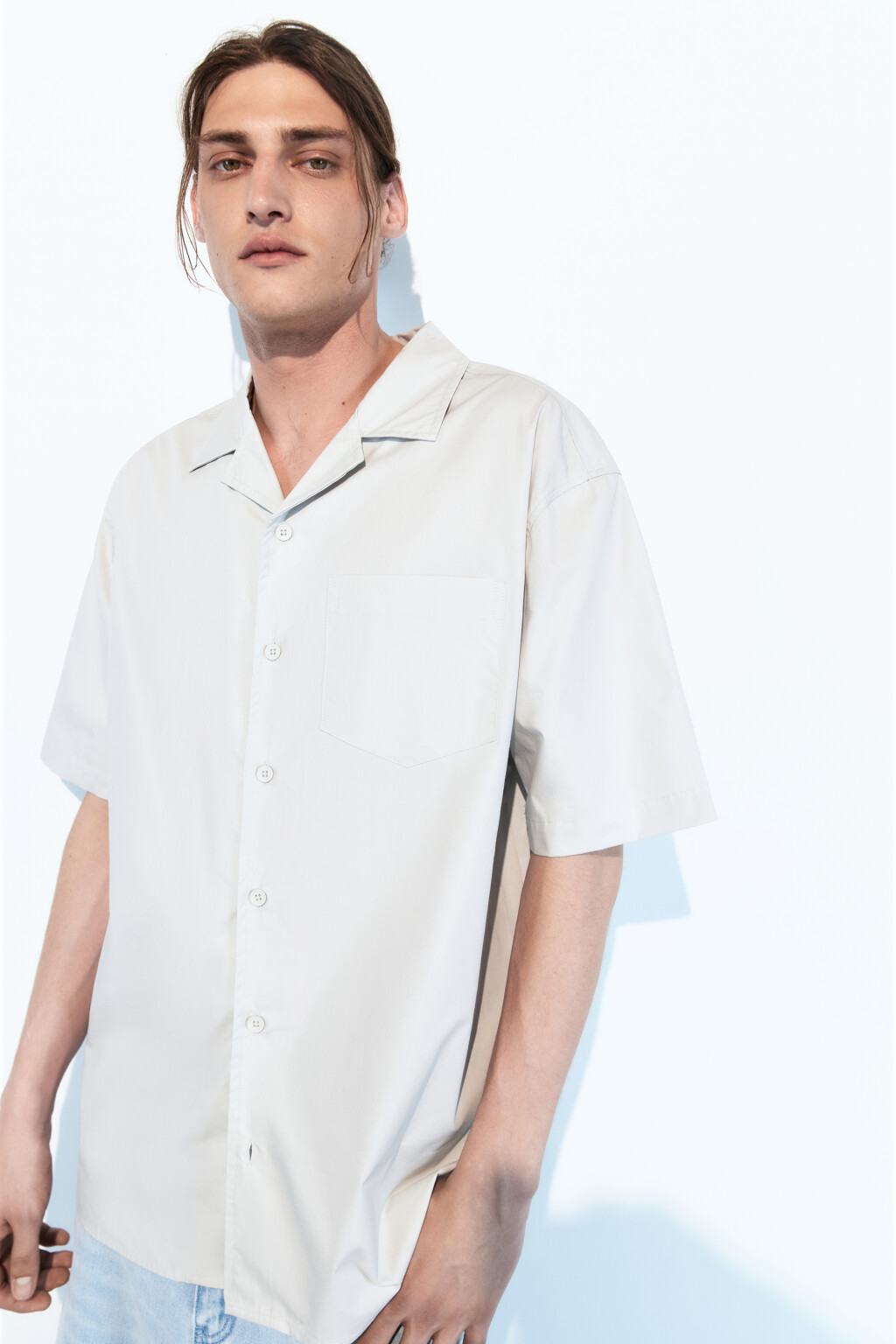 Рубашка хлопковая прямая с коротким рукавом - цвет серый - 1