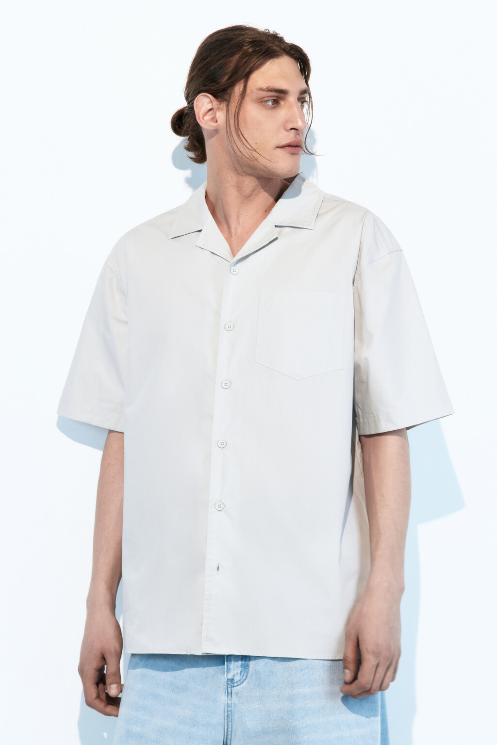 Рубашка хлопковая прямая с коротким рукавом - цвет серый - 2