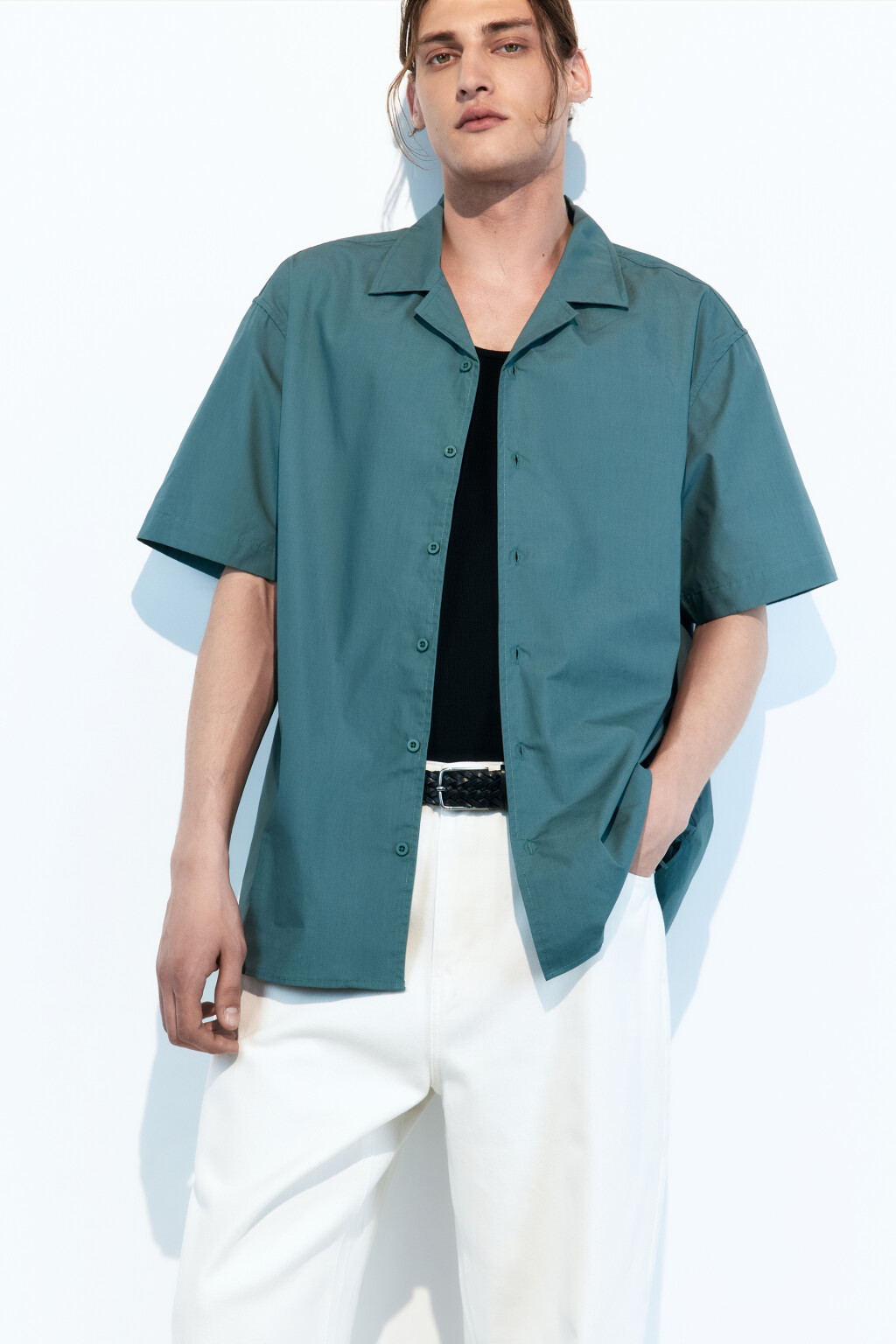 Рубашка прямая хлопковая с коротким рукавом - цвет зеленый - 1