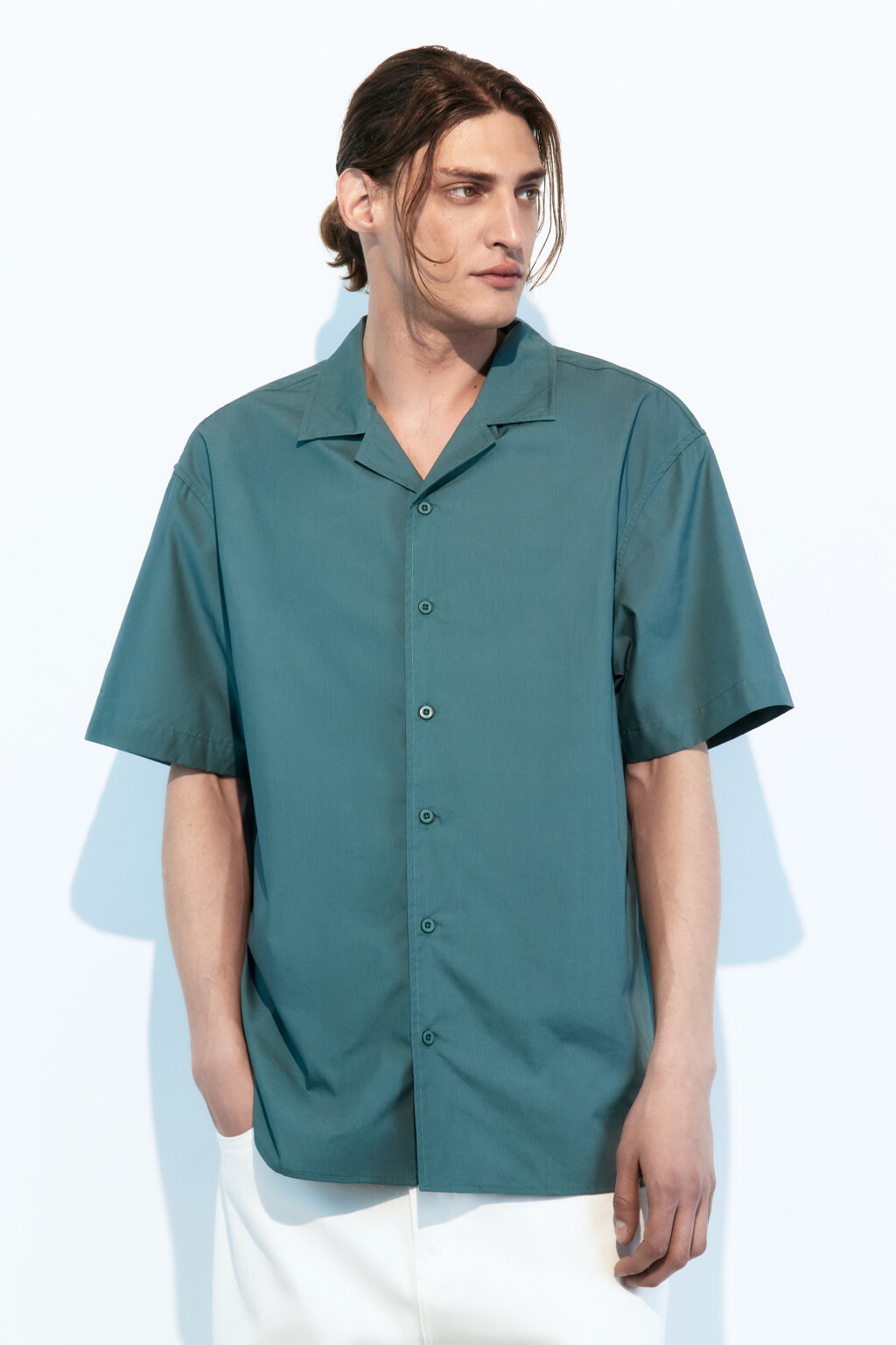 Рубашка прямая хлопковая с коротким рукавом - цвет зеленый - 2