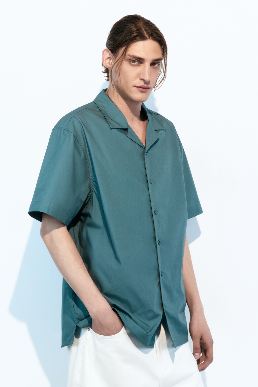 Рубашка прямая хлопковая с коротким рукавом - цвет зеленый - 3
