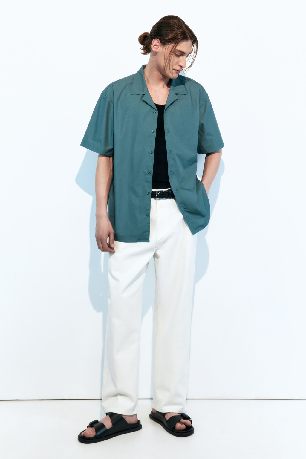 Рубашка прямая хлопковая с коротким рукавом - цвет зеленый - 5