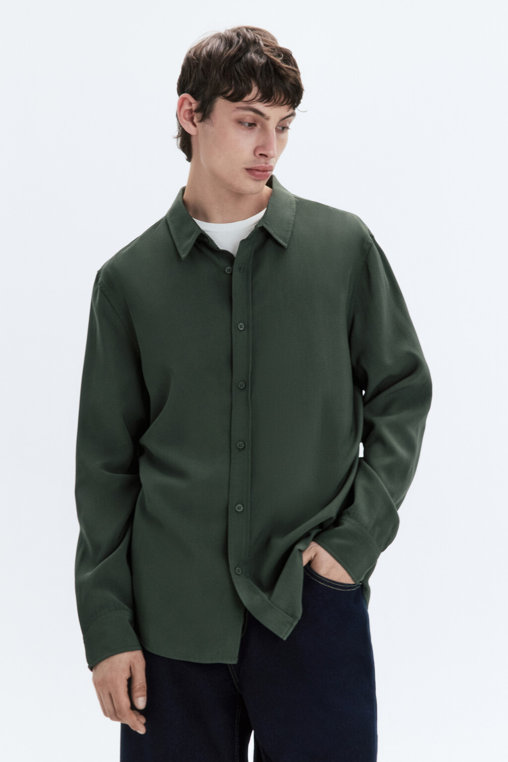 Рубашка прямая из вискозной ткани - цвет зеленый - 1