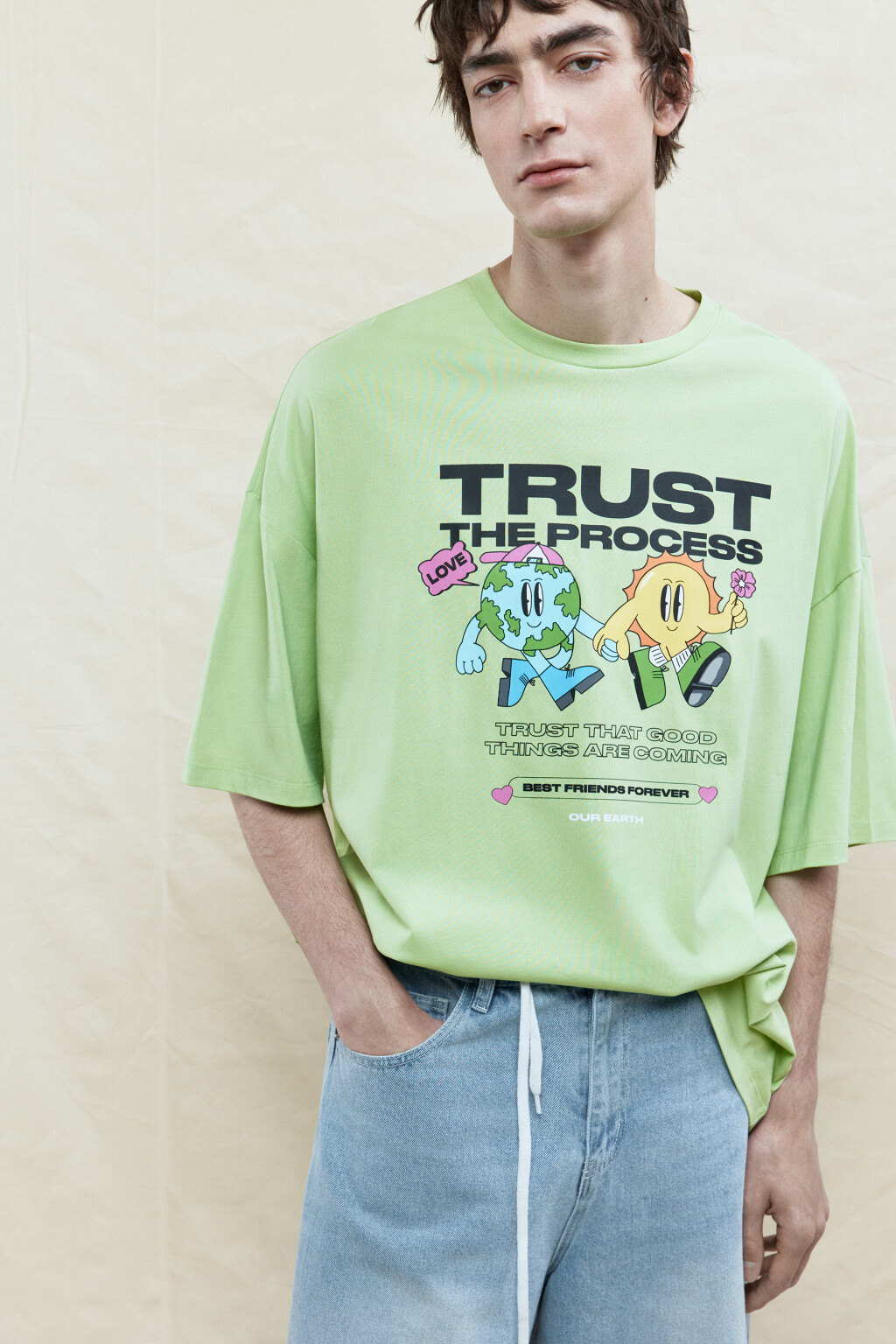 Футболка oversize хлопковая с принтом - цвет зеленый - 1