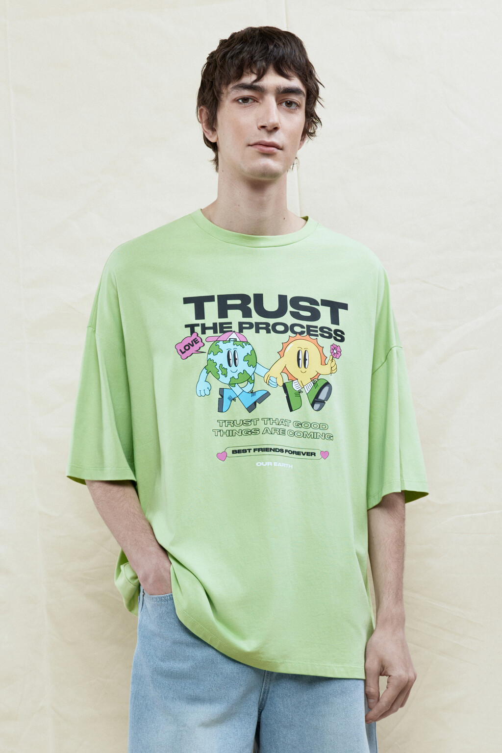 Футболка oversize хлопковая с принтом - цвет зеленый - 2