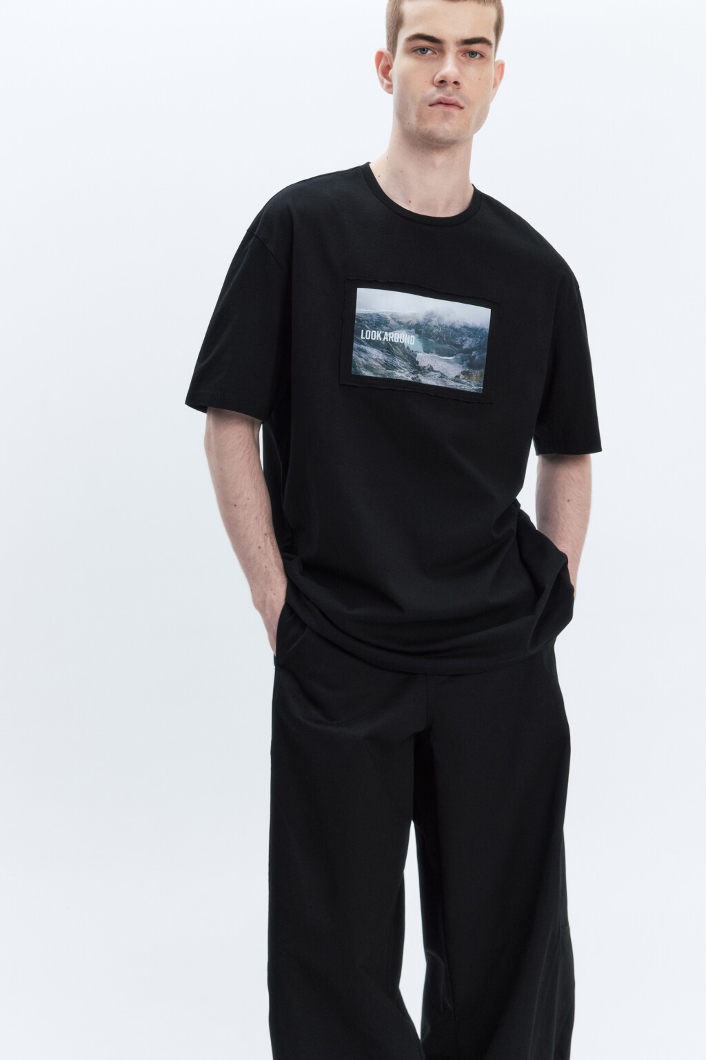 Футболка хлопковая с принтом-пейзажем - цвет черный - 1
