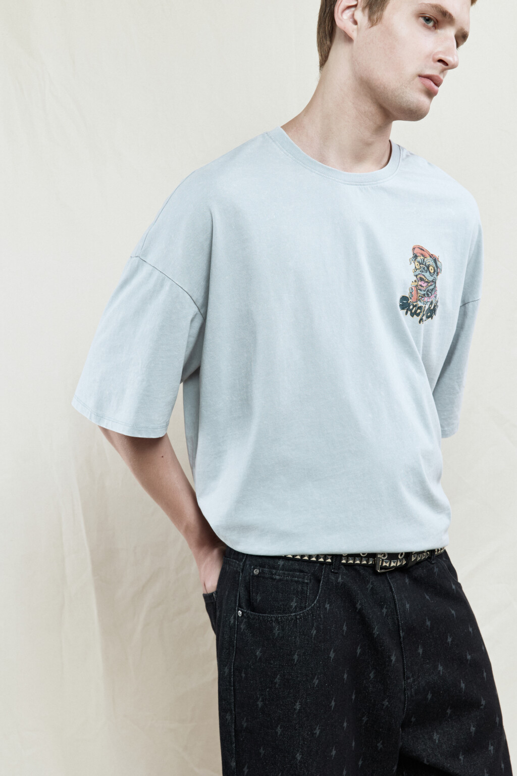 Футболка oversize хлопковая с принтом - цвет серый - 1