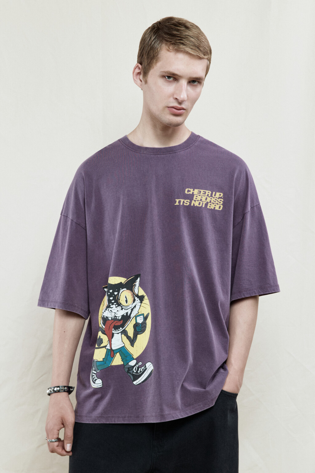 Футболка oversize хлопковая с принтом - цвет бордовый - 2